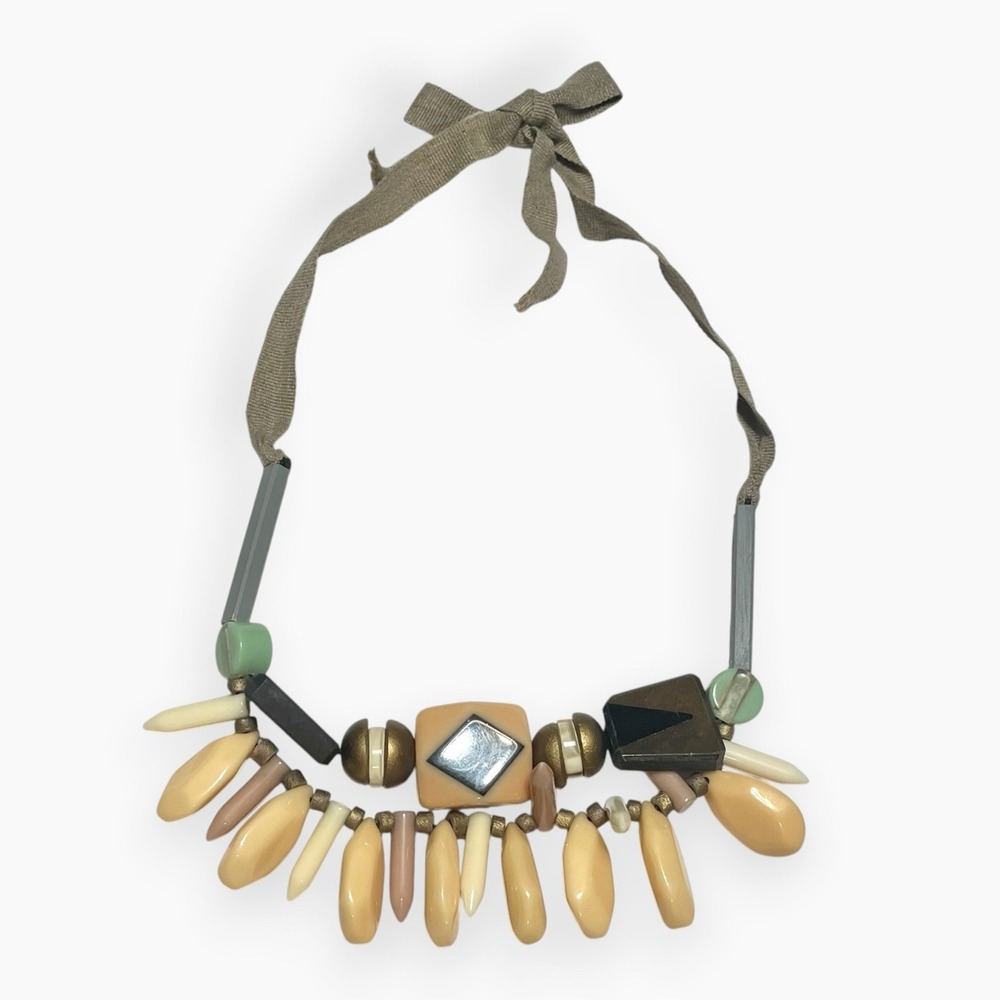 Vintage Hoss Intropia Lucite Statement Necklace Adjustable Ribbon Beaded